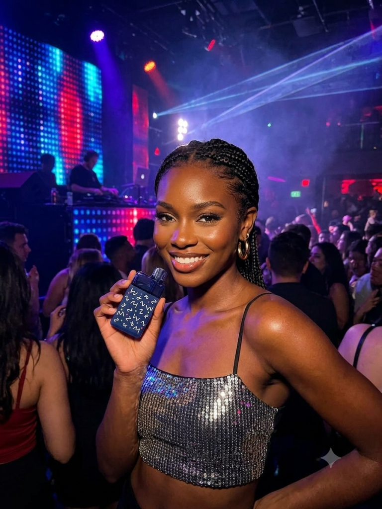 Woman holding a ZMR vape device at a nightclub