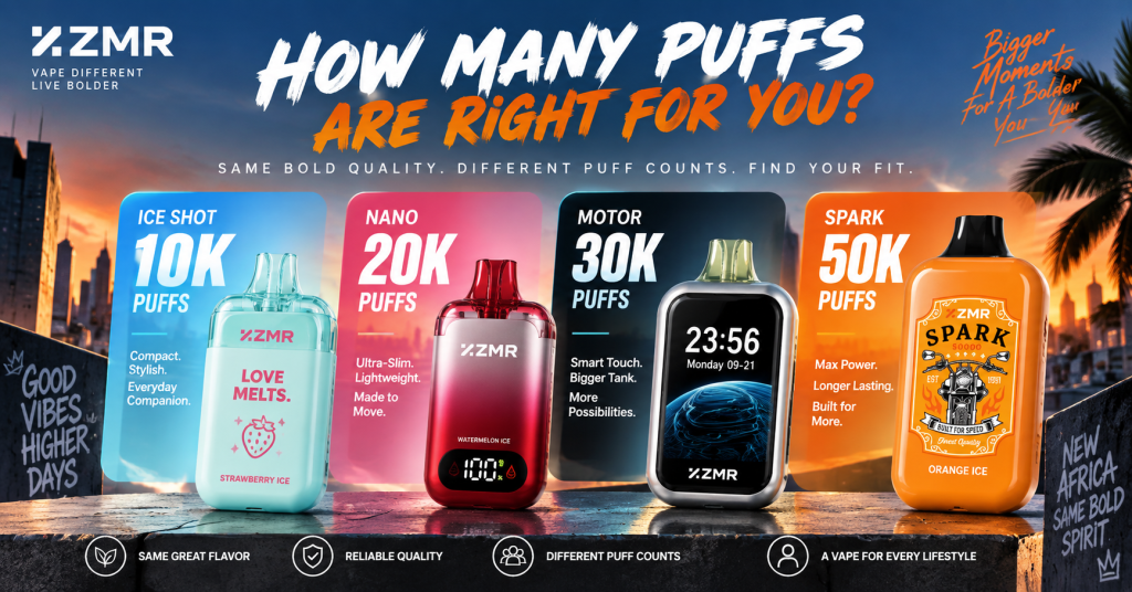 ZMR Ice Shot, Nano, Motor, Spark vape devices with their packaging